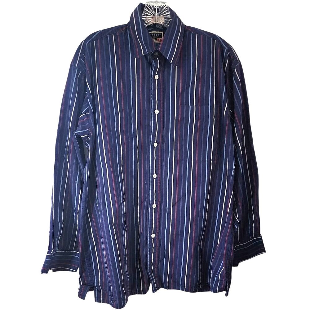 Haggar Forever New Red White Blue Striped Button Down Cotton Shirt Size M